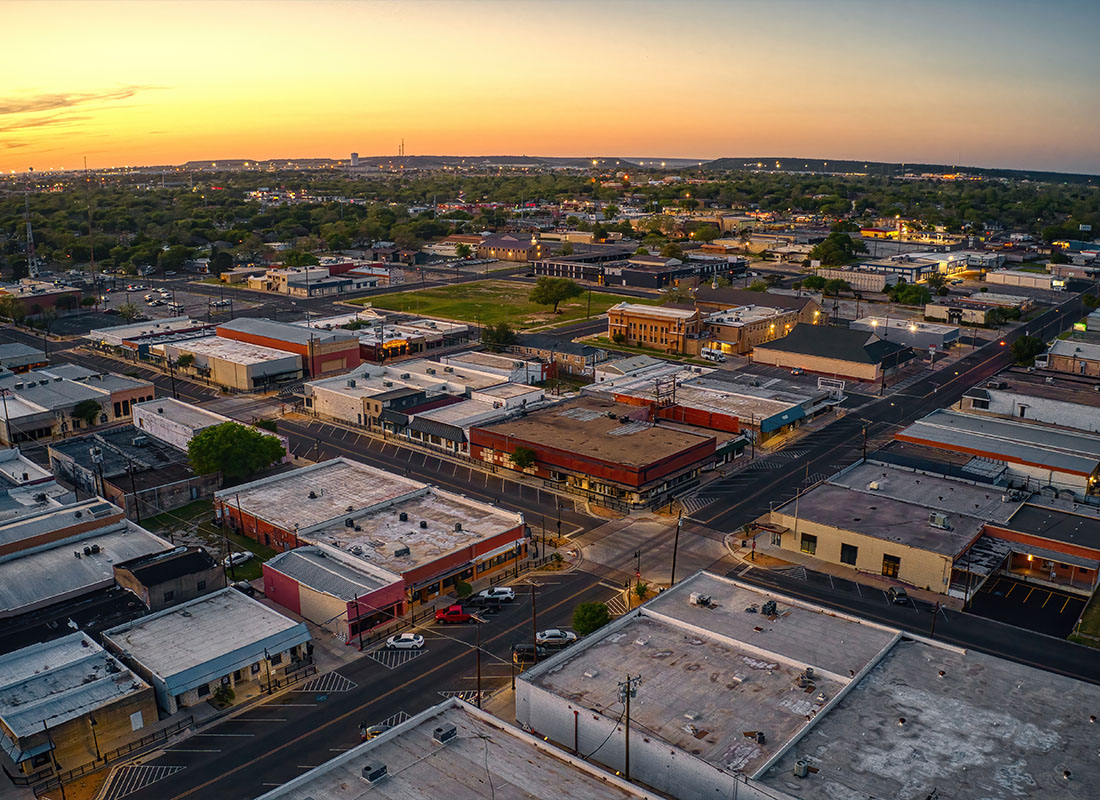 Killeen, TX - Aerial View of Downtown Killeen, Texas at Sunset in Spring